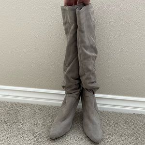 Jennifer Lopez gray suede heel boots